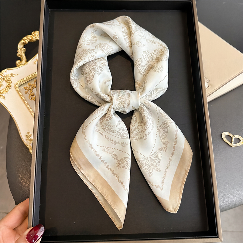 Scarf Silk Square - 빈티지 베이지 페이즐리 프린트 스퀘어 스카프